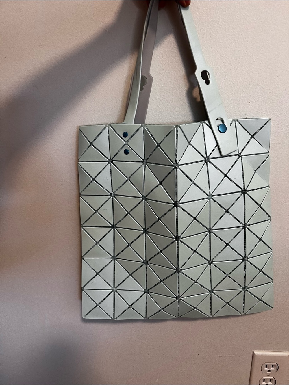 Issey Miyake Geometric Panel Tote in Pale Gray with Blue Accents
